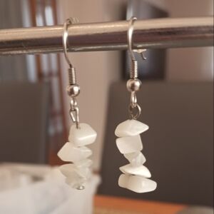 Handmade White Earrings Cat's Eye Glass Chip Beads - New Item (1.5")